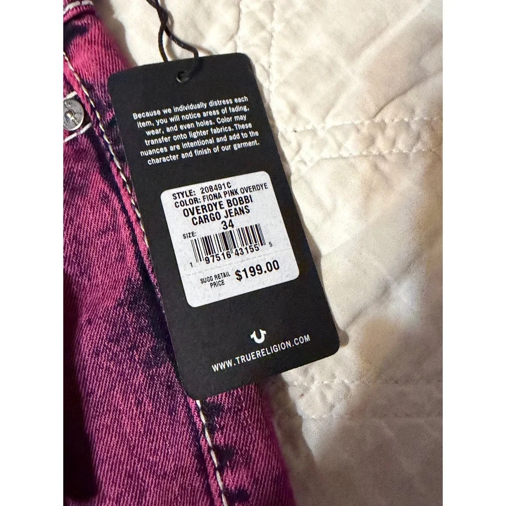 True Religion Bobbi Baggy Cargo Jeans Fiona Pink Overdye Super T Stitch 34 NEW